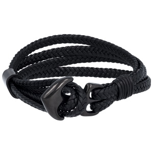 Bracelet pour homme en cuir noir avec ancre en acier noir.