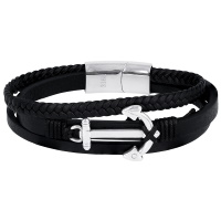 Bracelet pour homme triple rangs en cuir de couleur noire et une ancre en acier argenté.