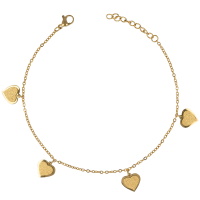 Bracelet chaîne de cheville composé d'une chaîne en acier doré et de pampilles cœurs à l'effet strass. Fermoir mousqueton avec 3 cm de rallonge.