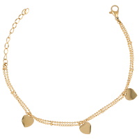 Bracelet composé d'une double chaîne et de 3 pampilles cœurs en acier doré. Fermoir mousqueton avec 4 cm de rallonge.