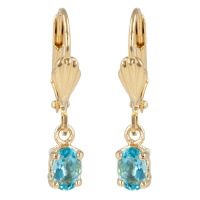 Boucles d'oreilles dormeuses en plaqué or jaune 18 carats et un pendant serti 4 griffes d'une pierre d'imitation aqua marine.