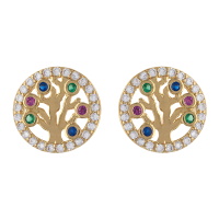 Boucles d'oreilles puces rondes représentant un arbre de vie en plaqué or jaune 18 carats serties de pierres multicolores et entourées d'un pavage d'oxydes de zirconium blancs.