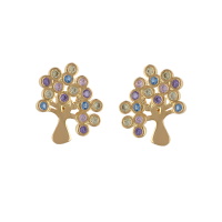 Boucles d'oreilles de forme d'arbre de vie en plaqué or jaune 18 carats serties d'oxydes de zirconium multicolores.