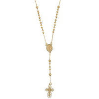 Collier chapelet de forme Y composé d'une chaîne avec boules et d'un pendentif médaille représentant la Vierge Marie et d'une croix en plaqué or jaune 18 carats. Fermoir mousqueton avec 6 cm de rallonge.
