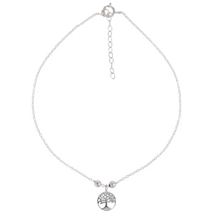 Bracelet chaîne de cheville composé d'une chaîne et d'un pendentif arbre de vie en argent 925 rhodié. Fermoir anneau ressort avec 3 cm de rallonge.