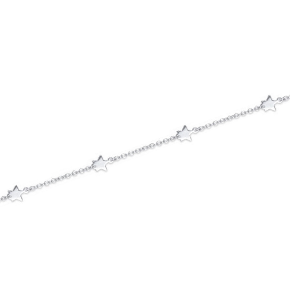 Bracelet composé d'une chaîne avec étoiles en argent 925/000 rhodié.<br/>Fermoir anneau ressort avec anneaux de rappel à 16, 17 et 18 cm. Etoile  Adolescent Adulte Femme Fille Indémodable Nature 