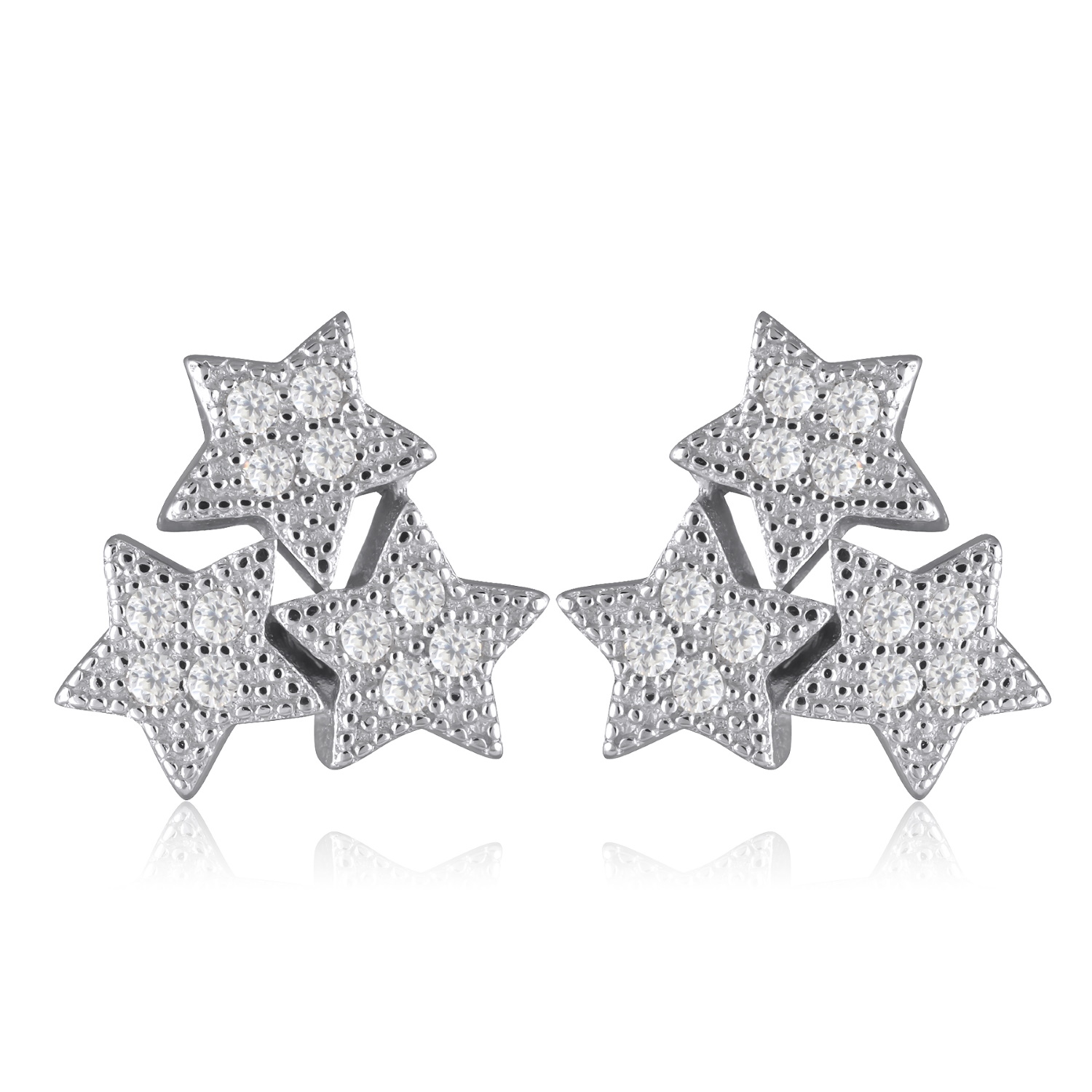 Boucles d'oreilles composées de trois étoiles en argent 925/000 rhodié pavées d'oxydes de zirconium blancs. Etoile Puce Strass  Adolescent Adulte Femme Fille Indémodable Nature 