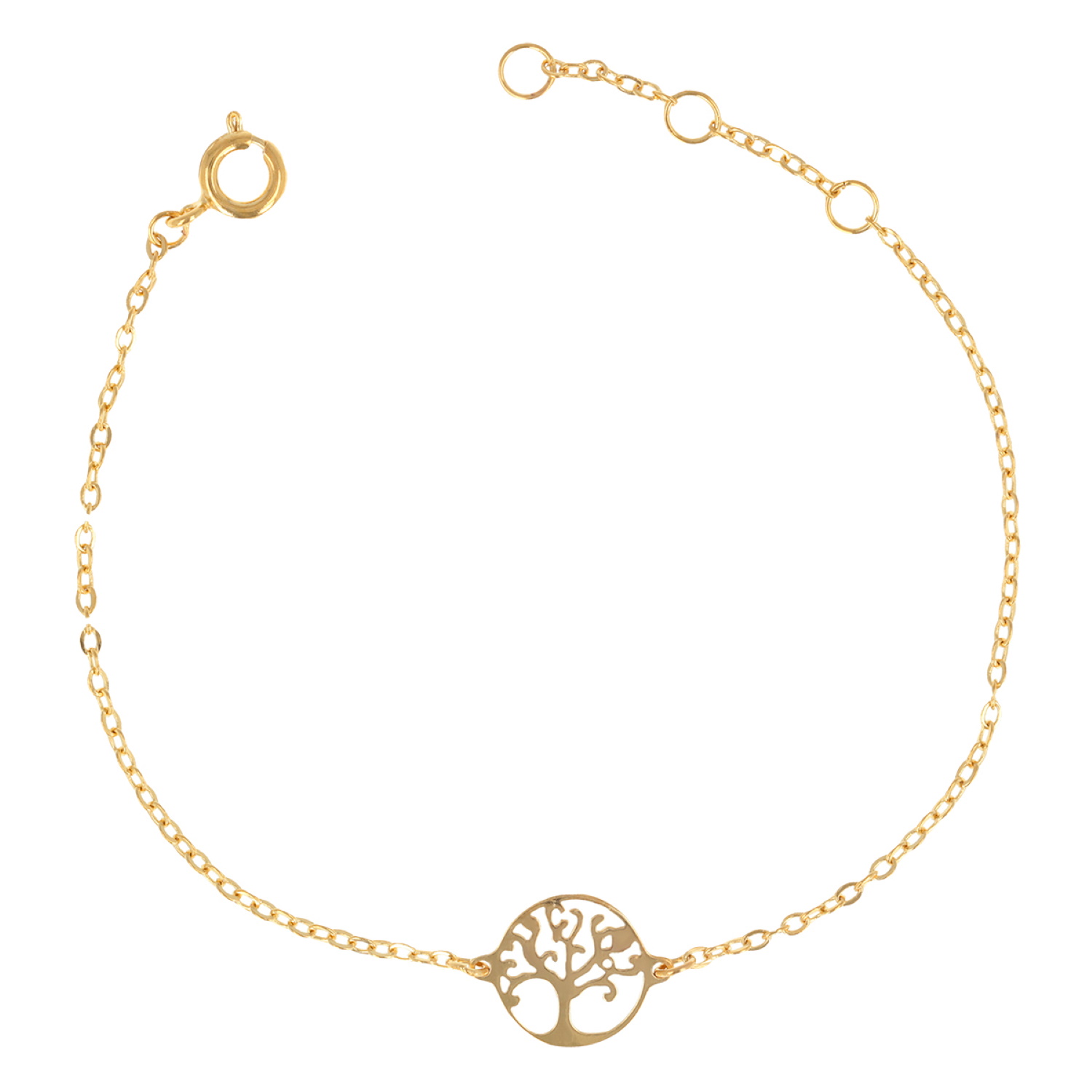 Bracelet composé d'une chaîne et d'un arbre de vie en plaqué or jaune 18 carats.<br/>Fermoir anneau ressort avec anneaux de rappel à 15.5, 16.5 et 18 cm. Arbre Rond  Adolescent Adulte Femme Fille Indémodable Nature Symboles 