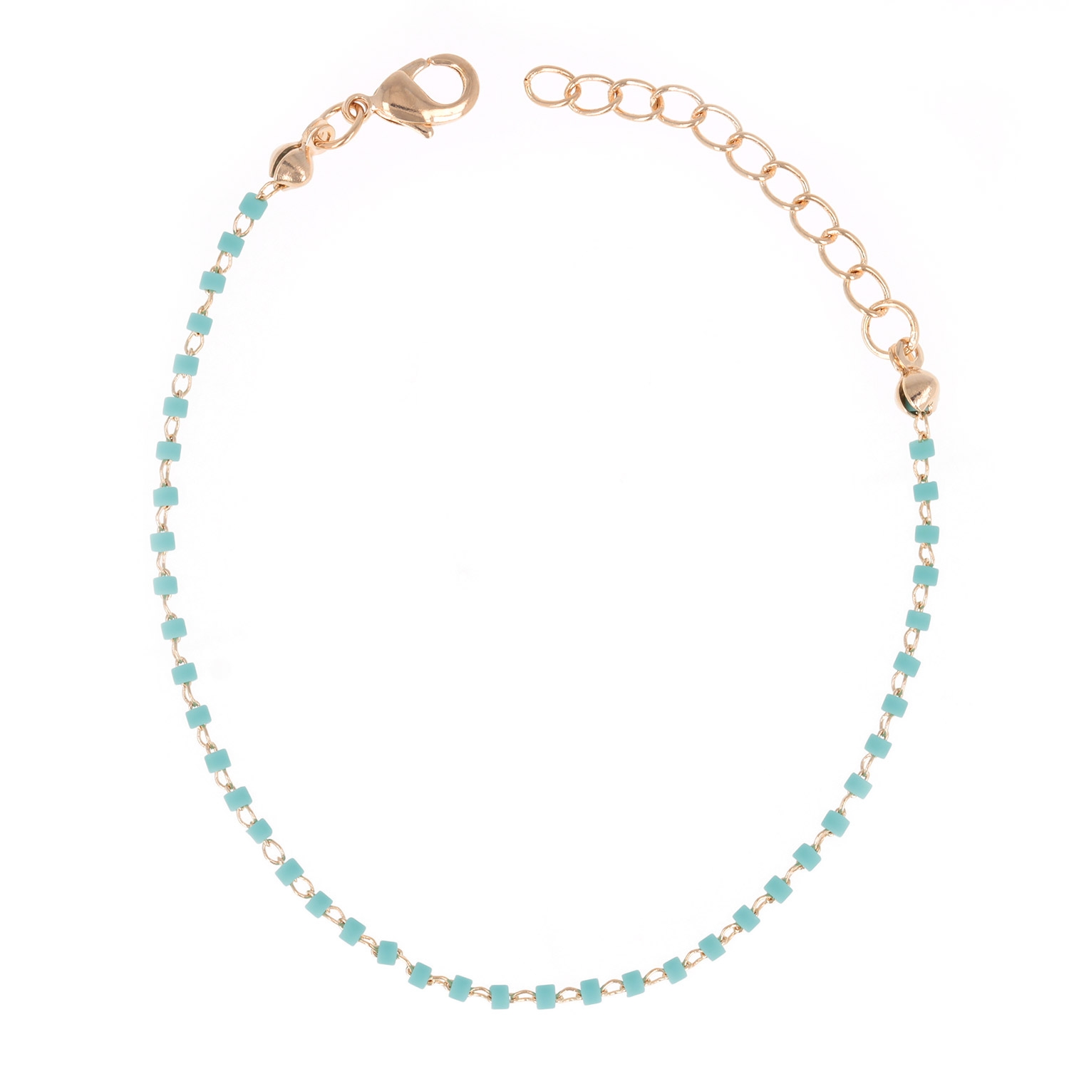 Bracelet composé d'une chaîne en plaqué or jaune 18 carats et de perles cylindriques en résine de couleur turquoise.<br/>Fermoir mousqueton avec 3 cm de rallonge. Perle  Adolescent Adulte Femme Fille Indémodable 