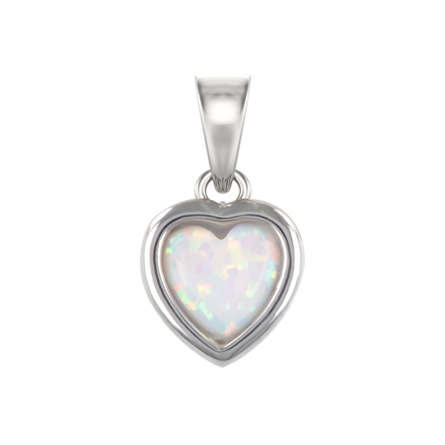 Pendentif en forme de cœur en argent 925/000 rhodié serti clos d'un pierre opale blanche d'imitation. Coeur  Adolescent Adulte Amour Femme Fille Indémodable 
