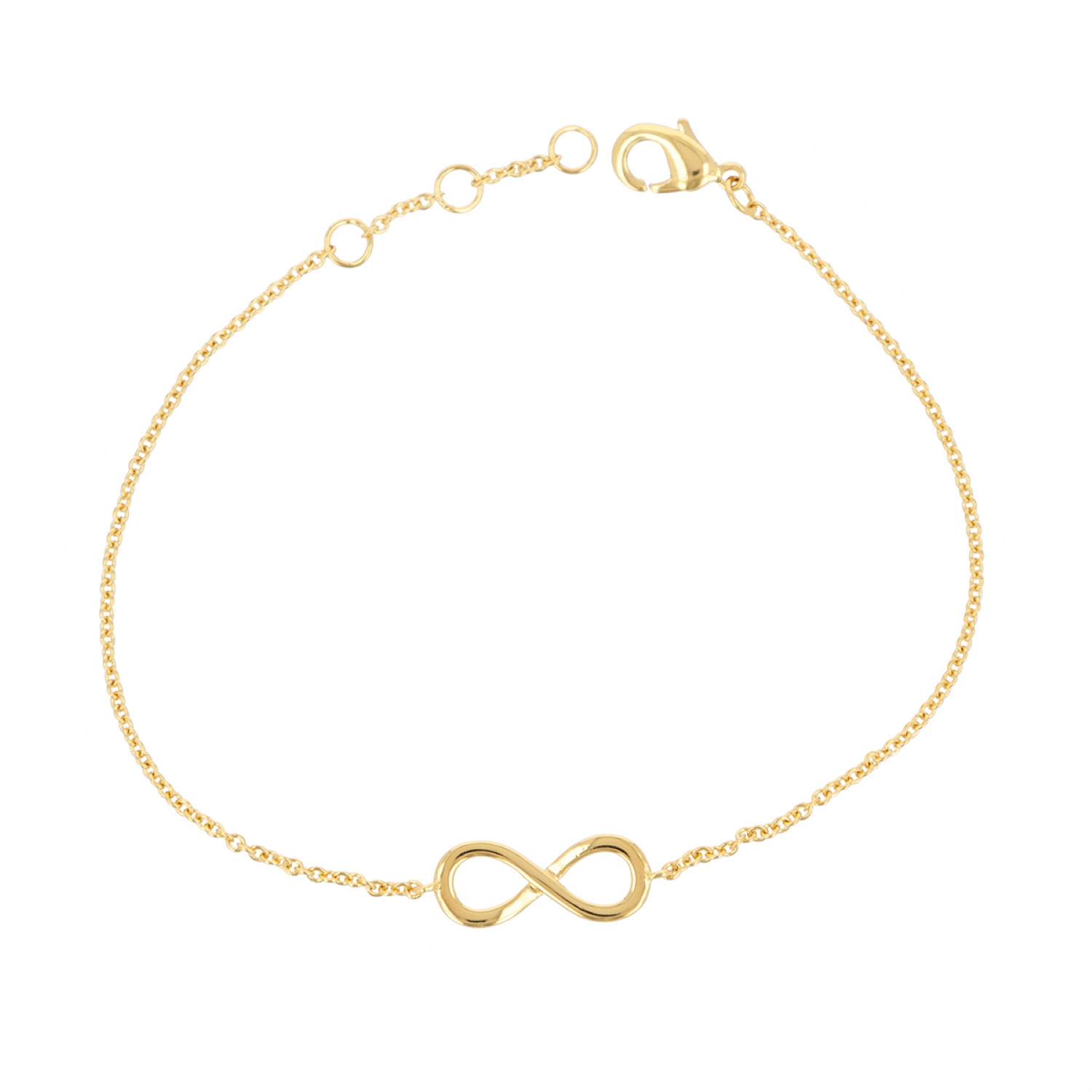 Bracelet composé d'une chaîne et d'un symbole infini en plaqué or jaune 18 carats.<br/>Fermoir anneau ressort avec anneaux de rappel à 16, 17 et 18 cm. Infini  Adolescent Adulte Femme Fille Indémodable Symboles 