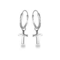 Boucles d'oreilles créoles avec pendant en forme de croix en argent 925/000 rhodié.