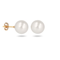 Boucles d'oreilles puces en plaqué or jaune 18 carats surmontées d'une perle de Majorque d'imitation de couleur blanche.