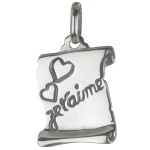 Pendentif parchemin en argent 925/000 avec l'inscription je t'aime et deux cœurs.