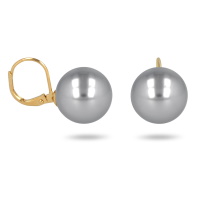 Boucles d'oreilles dormeuses en plaqué or jaune 18 carats surmontées d'une perle de Majorque d'imitation de couleur grise.