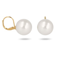 Boucles d'oreilles dormeuses en plaqué or jaune 18 carats surmontées d'une perle de Majorque d'imitation de couleur blanche.