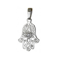 Pendentif main de Fatma en argent 925/000 rhodié surmonté d'un oxyde de zirconium blanc serti clos de forme ronde.