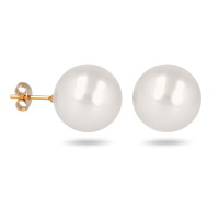 Boucles d'oreilles puces en plaqué or jaune 18 carats surmontées d'une perle de Majorque d'imitation de couleur blanche.