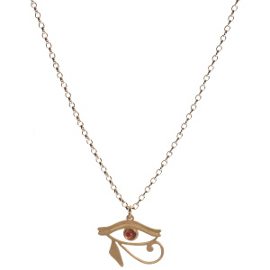 Collier composé d'une chaîne et d'un pendentif œil oudjat en bronze surmonté d'un cabochon violet. Fermoir mousqueton avec 4 cm de rallonge.