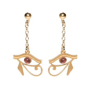 Boucles d'oreilles pendantes composées d'une puce, d'une chaîne et d'un œil oudjat (ou d'Horus) en bronze surmonté d'un cabochon violet.