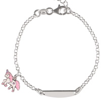 Bracelet gourmette pour enfant en argent 925/000 avec un pendant licorne pavé d'émail de couleur. Fermoir mousqueton avec 3 cm de rallonge.