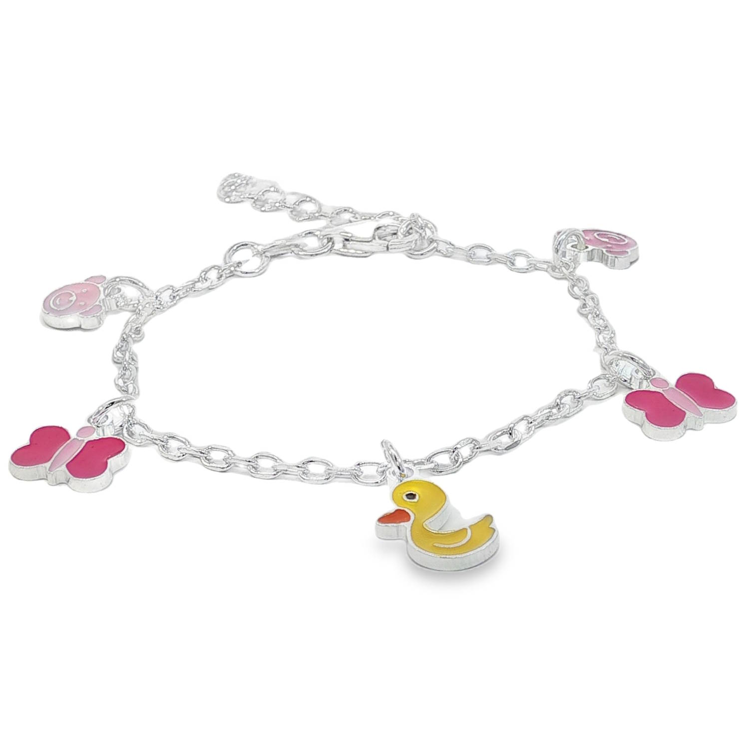Ce charmant bracelet pour enfant en argent 925/000 est orné de motifs enfantins colorés (canard, cochon et papillon), ajoutant une touche ludique à toute tenue.<br/>Léger et délicat, il est parfait pour un usage quotidien ou pour offrir un cadeau spécial.<br/>Le bracelet incarne un style joyeux et accessible, idéal pour les jeunes cœurs. Papillon Adolescent Animaux Enfant Fille Indémodable Nature Ce charmant bracelet pour enfant en argent 925/000 est orné de motifs enfantins colorés (canard, cochon et papillon), ajoutant une touche ludique à toute tenue.<br/>Léger et délicat, il est parfait pour un usage quotidien ou pour offrir un cadeau spécial.<br/>Le bracelet incarne un style joyeux et accessible, idéal pour les jeunes cœurs. Papillon Adolescent Animaux Enfant Fille Indémodable Nature