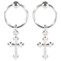 Boucles d'oreilles pendantes composées d'un cercle et pendant croix en argent 925/000 rhodié.