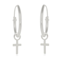 Boucles d'oreilles créoles fermées avec croix pendante en argent 925/000 rhodié.