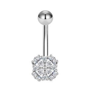Piercing pour nombril en acier argenté 316L chirurgical orné d'un trèfle serti d'oxydes de zirconium blancs.