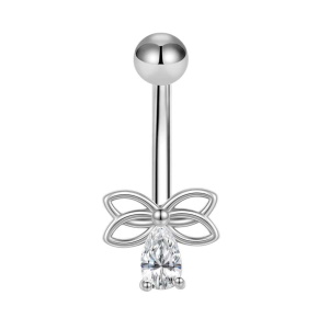 Piercing pour nombril en forme de libellule en acier argenté 316L chirurgical serti d'un oxyde de zirconium blanc.