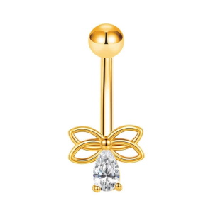 Piercing pour nombril en forme de libellule en acier doré 316L chirurgical serti d'un oxyde de zirconium blanc.