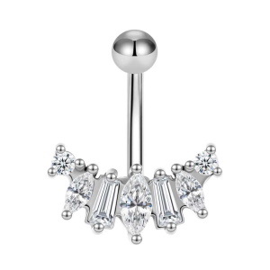 Piercing pour nombril en forme en acier argenté 316L chirurgical serti d'oxydes de zirconium blancs.
