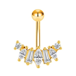 Piercing pour nombril en forme en acier doré 316L chirurgical serti d'oxydes de zirconium blancs.