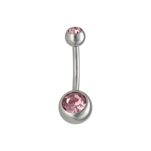 Piercing pour nombril en acier argenté 316L chirurgical serti d'un oxyde de zirconium rose.