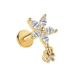 Piercing pour oreille et nombril en forme de fleur en acier chirurgical doré serti d'oxyde de zirconium blanc.