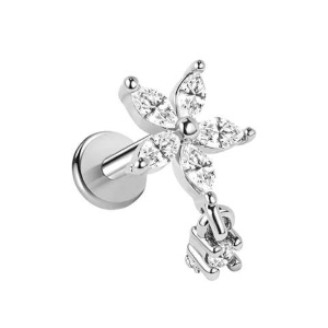 Piercing pour oreille et nombril en forme de fleur en acier chirurgical argenté serti d'oxyde de zirconium blanc.