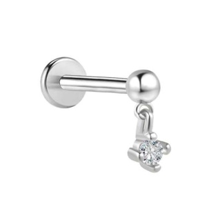 Piercing tragus en acier argenté chirurgical 316L avec un pendant serti d'un oxyde de zirconium.