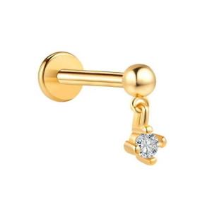 Piercing tragus en acier doré chirurgical 316L avec un pendant serti d'un oxyde de zirconium.