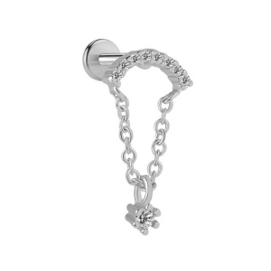 Piercing tragus en acier argenté chirurgical 316L serti d'un pavage d'oxydes de zirconium avec une chaîne serti d'un oxyde de zirconium.
