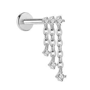 Piercing tragus en acier argenté chirurgical 316L serti de trois oxydes de zirconium avec 3 chaînes finissant par un oxyde de zirconium.