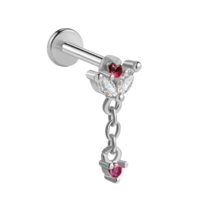 Piercing tragus en forme de fleur de lotus en acier argenté chirurgical 316L serti d'oxydes de zirconium blancs et rose avec un pendant serti d'un oxyde de zirconium rose.