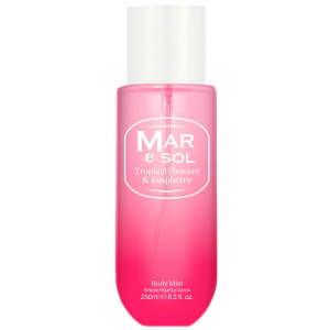 Body mist Mar e Sol Tropical flowers et raspberry. Brume pour le corps pour femme avec une fragrance vive, exotique et légèrement sucrée, rendant cette brume rafraîchissante, idéale pour l’été ou pour celles et ceux qui aiment les parfums floraux-fruités, joyeux et un peu gourmands, sans être trop sucrés.