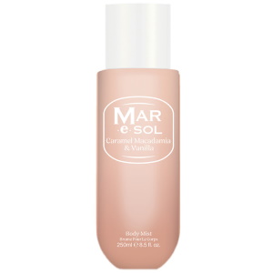 Body mist Mar e Sol Caramel Macadamia et Vanilla. Brume pour le corps pour femme avec une fragrance douce et sucrée, parfaite pour l’automne/hiver ou pour celles et ceux qui aiment les parfums à effet 