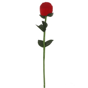 Superbe écrin pour bague en forme de rose en velours rouge disposé sur une tige avec feuilles d'imitation. Boîte cadeau idéale pour les romantiques.