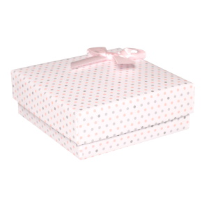 Boîte cadeau écrin pour parure ou bracelet jonc avec petits pois de couleur et un nœud papillon.