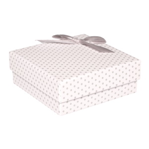 Boîte cadeau écrin pour parure ou bracelet jonc avec petits pois de couleur et un nœud papillon.