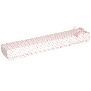 Boîte cadeau écrin pour bracelet ou montre avec petits pois de couleur et un nœud papillon.