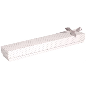 Boîte cadeau écrin pour bracelet ou montre avec petits pois de couleur et un nœud papillon.