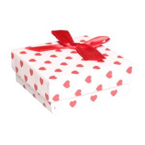 Boîte cadeau écrin pour parure ou boucles d'oreilles avec motifs de cœurs et un nœud papillon.