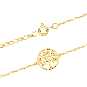 Magnifique bracelet chaîne avec un médaillon représentant un arbre de vie en plaqué or jaune 18 carats. Fermoir anneau ressort avec 3 cm de rallonge.